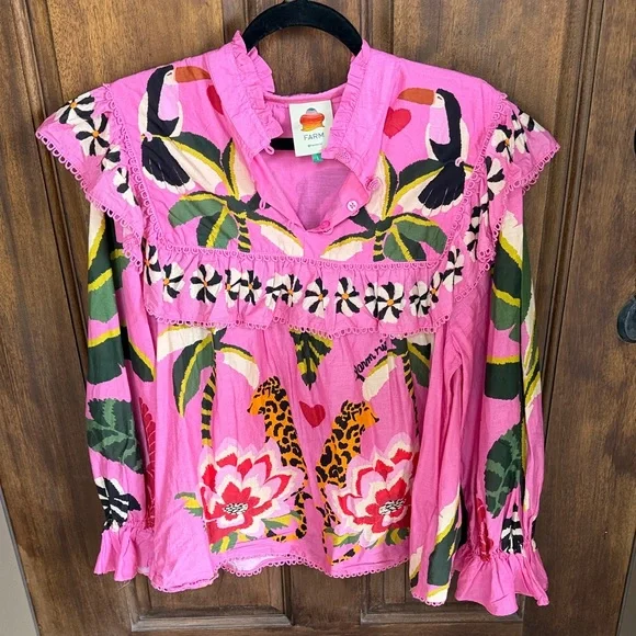 FARM Rio Vibrant Pink Toucan Floral Blouse - Picture 1 of 5